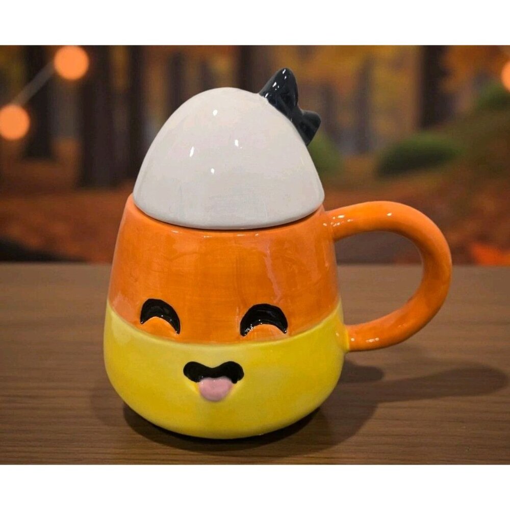 New Halloween Orange / Yellow Girl W/ Bow Happy Candy Corn Spooky Coffee Tea Mug